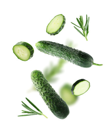 Fresh cucumbers and rosemary falling against white backgroundの写真素材