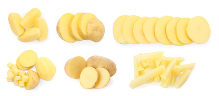 Fresh raw potatoes isolated on white, set. Whole and slicedの写真素材