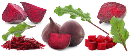 Fresh beets and green leaves isolated on white, set