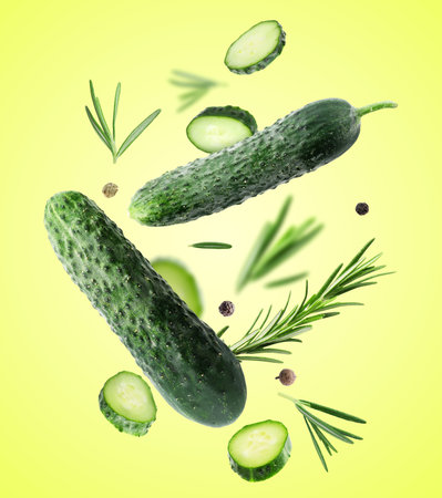 Fresh cucumbers, rosemary and peppercorns falling against yellow backgroundの写真素材