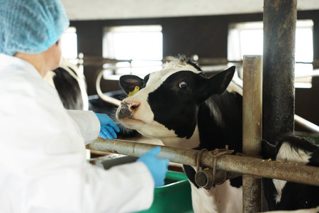 Veterinarian with cute cows inside cowshed in dairy farm, back view
