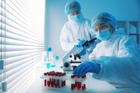Medical analysis. Two scientists working with sample in laboratory