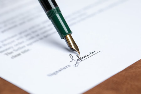 Signing notary document with fountain pen at brown table, closeup