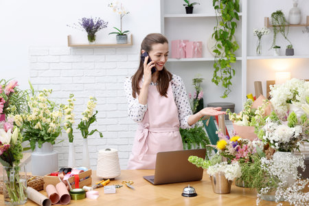 Professional florist talking on smartphone while working in shopの写真素材