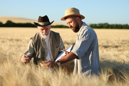 Farmers in field with ripe wheat outdoorsの写真素材