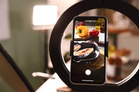 Shooting tasty roasted fish and ingredients with smartphone in studio, selective focus. Professional...