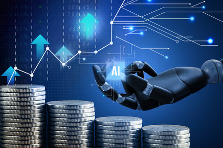 Artificial intelligence in finance trading. Poster with robot hand holding AI chip, data, coins and graphsの写真素材