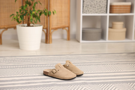 Stylish beige slippers on carpet with pattern indoors