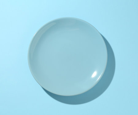 One stylish plate on light blue background, top view