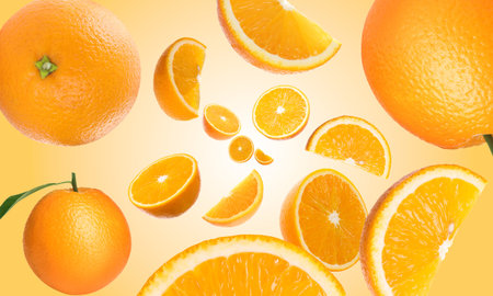 Fresh oranges swirling in air against golden background. Citrus fruit