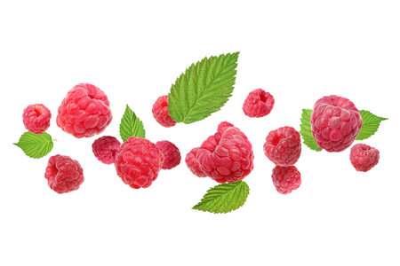 Fresh raspberries and green leaves flying against white background