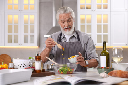Elderly man cooking at table in kitchenの写真素材