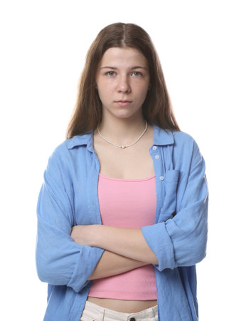 Portrait of teenage girl on white backgroundの写真素材