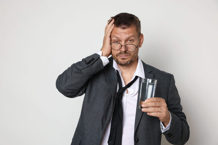 Man with glass of water suffering from hangover on white background