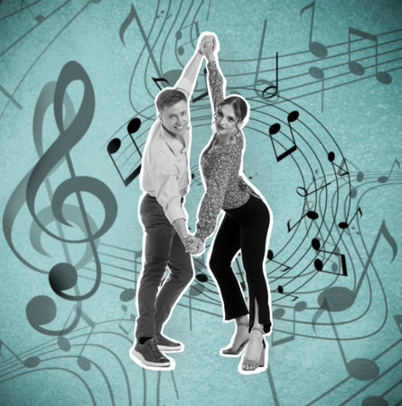 Retro party poster. Couple dancing on turquoise background with music notes, creative collageの写真素材