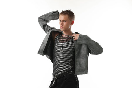 Handsome young man wearing stylish jacket on white background