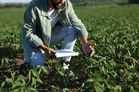 Farmer with clipboard in field of unripe soy outdoors, closeupの写真素材