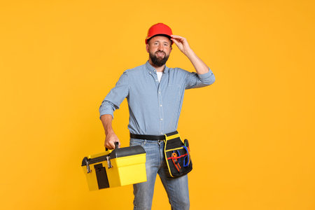 Professional repairman with tool box on orange background