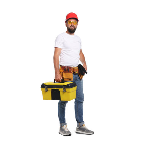 Professional repairman with tool box on white backgroundの写真素材