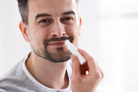 Handsome man applying lip balm onto his lips on blurred light backgroundの写真素材