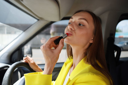 Getting ready. Young woman applying lipstick in car