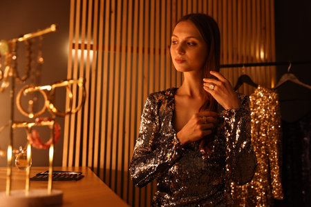Beautiful woman getting ready at dressing table indoors