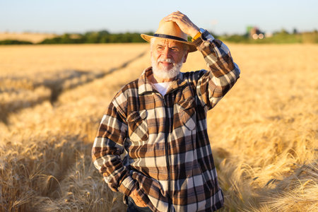 Senior farmer in field with ripe wheat outdoorsの写真素材