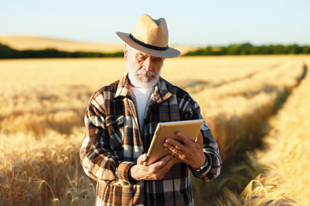 Senior farmer with tablet in field of ripe wheat outdoorsの写真素材