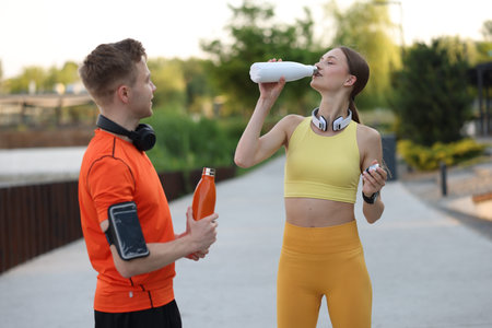 Happy couple drinking water after morning exercises outdoors