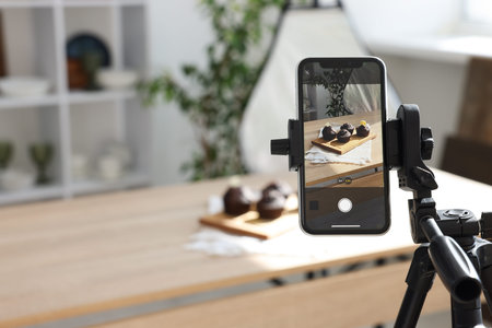 Shooting chocolate muffins with smartphone in studio, selective focus. Professional food photography