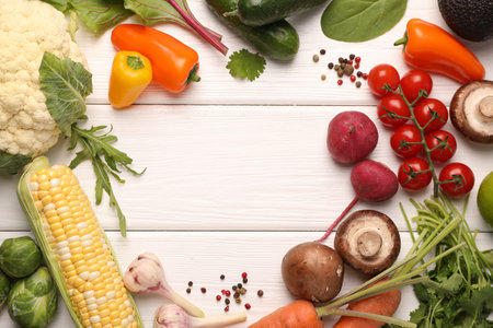 Healthy vegetarian food. Frame of different products on white wooden table, flat lay. Space for text