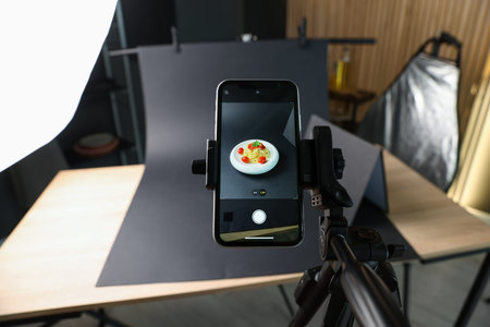 Shooting tasty pasta with smartphone in studio, focus on screen. Professional food photography