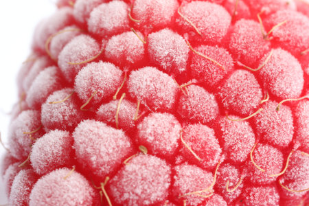 One frozen raspberry on white background, macro view