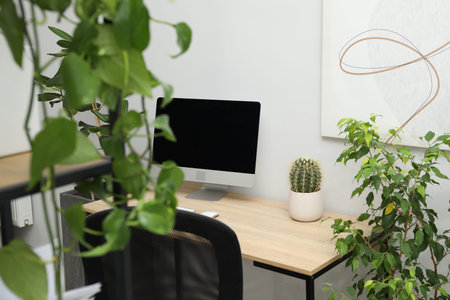 Biophilic interior design. Stylish workplace with computer and houseplants in office