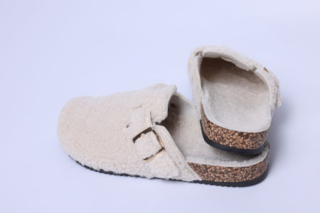 Pair of stylish slippers on white background, closeup