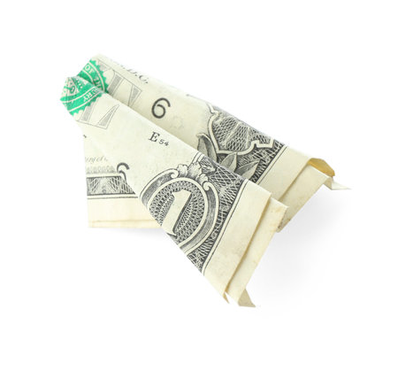 Plane made of dollar banknote isolated on white, top viewの写真素材