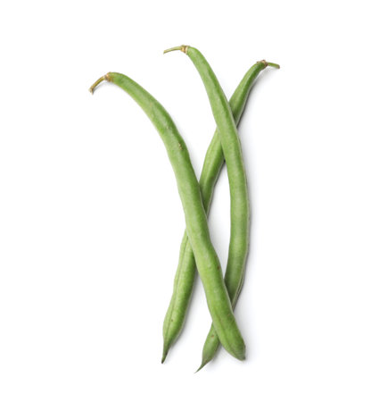 Fresh pea pods isolated on white, top view