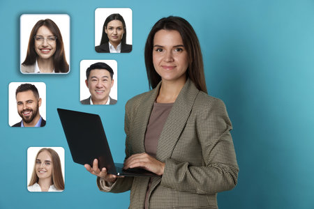 Recruiter with laptop looking for employee against light blue background. Photos of candidates...