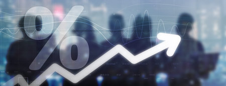 Percent sign, arrow and graph against businesspeople. Banner design