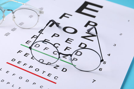 Vision test chart and glasses on light blue background, closeup
