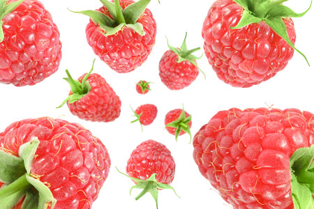 Fresh raspberries swirling in air against white background