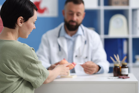 Gastroenterologist with model of stomach consulting woman in clinic, selective focusの写真素材