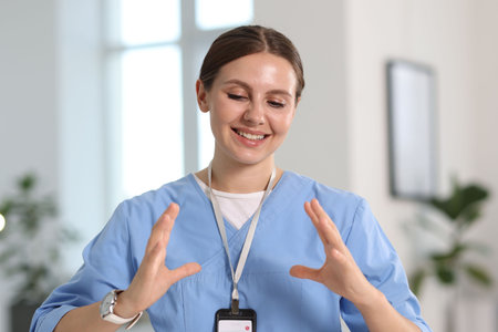Telemedicine. Doctor having video call with patient, view from cameraの写真素材