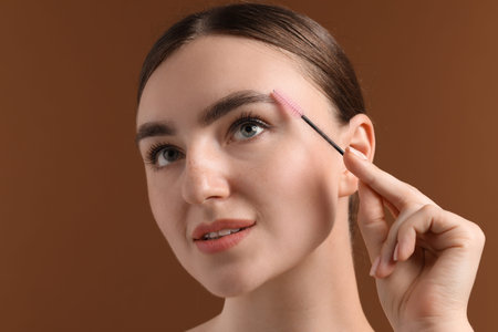 Young woman brushing her eyebrow with spoolie on brown background, closeup