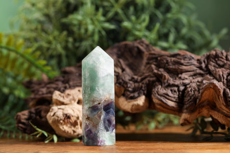 Aura. Beautiful crystal, driftwood and green plants on wooden surface