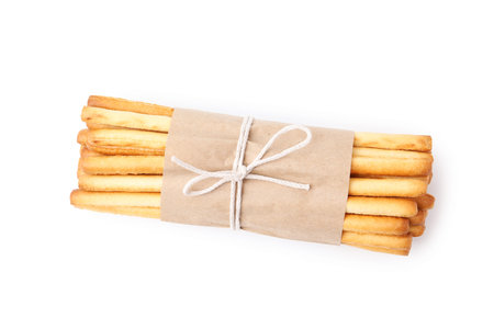 Grissini sticks isolated on white, top view