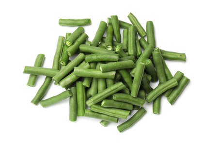 Pieces of fresh pea pods isolated on white, top view