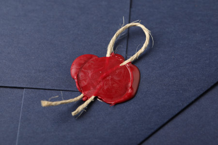 Beautiful envelope with red wax seal and twin as background, closeup