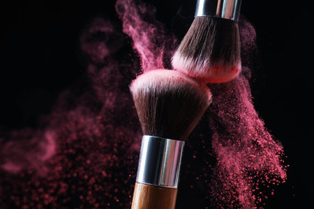 Makeup brushes with color eye shadow on black background, closeup