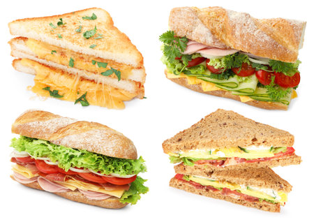 Many tasty sandwiches isolated on white, setの写真素材